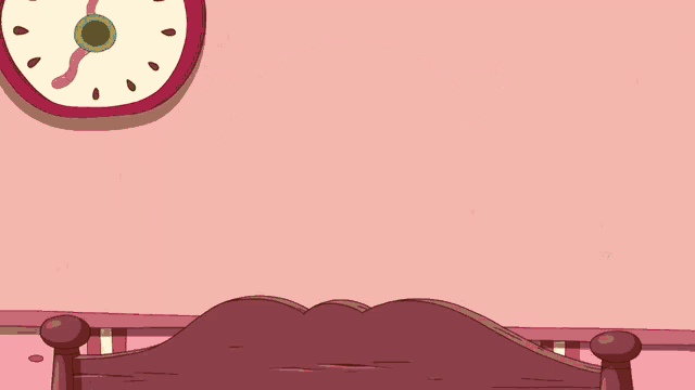 a cartoon character is holding a blue cloth in front of a pink wall with a clock on it