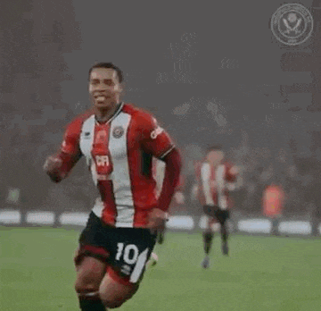 a soccer player is celebrating a goal on a field with his teammates .