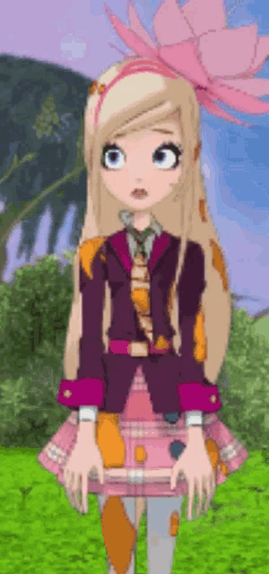 a cartoon character with blonde hair and a pink flower on her head
