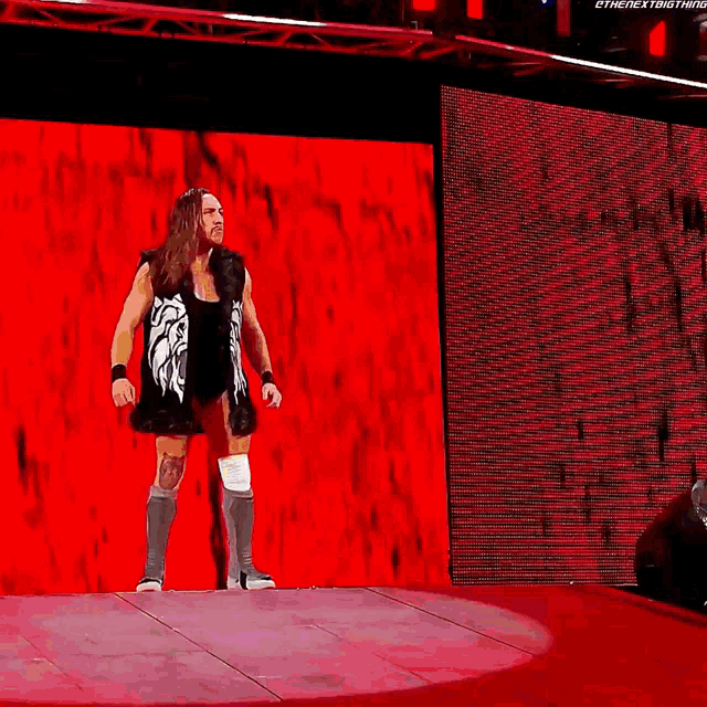 a wrestler stands on a stage in front of a screen that says ' the next thing '