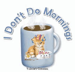 a cup of coffee with a cat on it and the words " i don t do mornings "