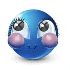 a blue smiley face with pink cheeks and big eyes .