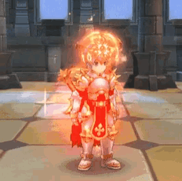 a video game character is wearing armor and has a red cape with a cross on it