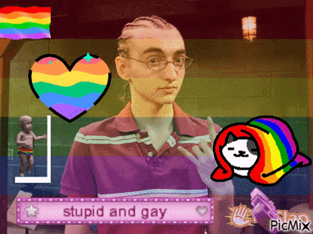 a picture of a man with a rainbow heart and the words stupid and gay on the bottom