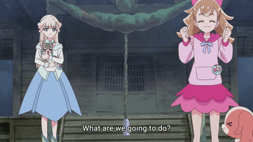 two anime girls are standing in front of a building with the words what are we going to do on the bottom