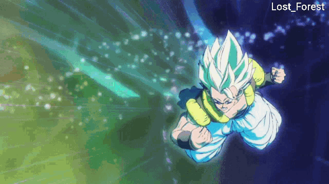 a cartoon character is flying through the air with the words lost_forest written below him