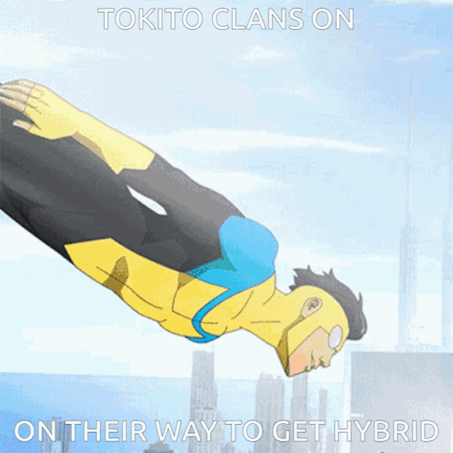a cartoon of a superhero flying through the air with the words tokito clans on on their way to get hybrid below him