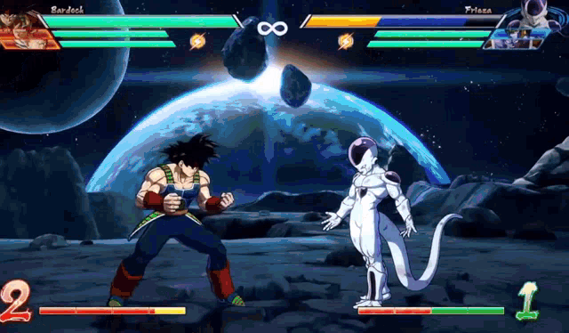 bardock and frieza are fighting in a video game with the numbers 2 and 1 visible