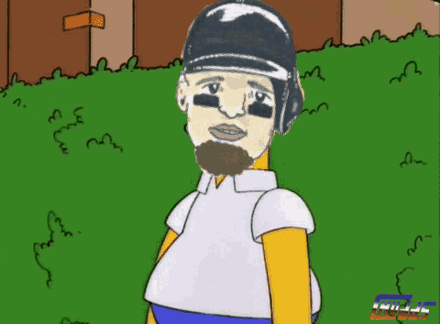 a cartoon of homer simpson wearing a helmet and a white shirt