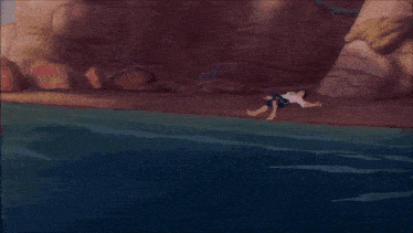 ariel from the little mermaid is standing in the water looking at a man sitting on the beach .