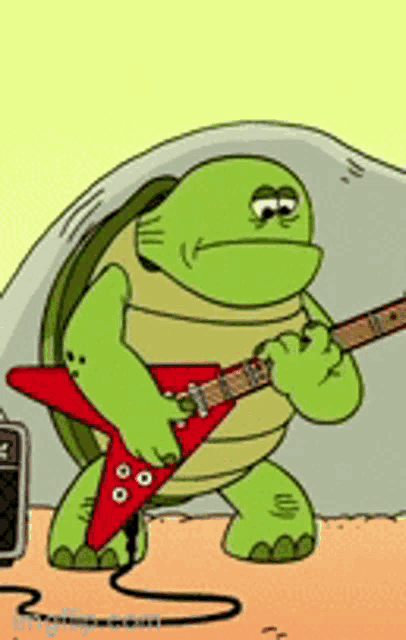a green turtle is playing a red guitar