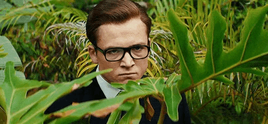 a man wearing glasses and a suit is hiding behind a bush .