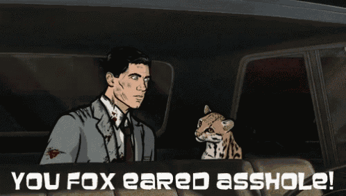 a man and a cat in a car with the words " you fox eared asshole " on the bottom