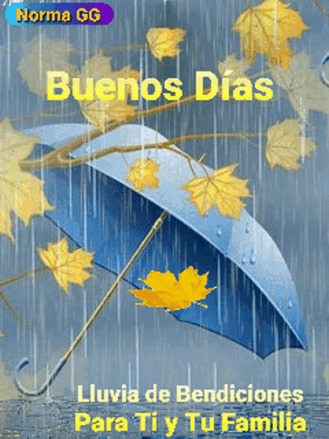 a picture of an umbrella in the rain with the words buenos dias written on it