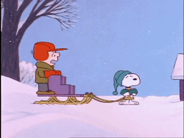 a cartoon of snoopy pulling charlie brown in a sled in the snow