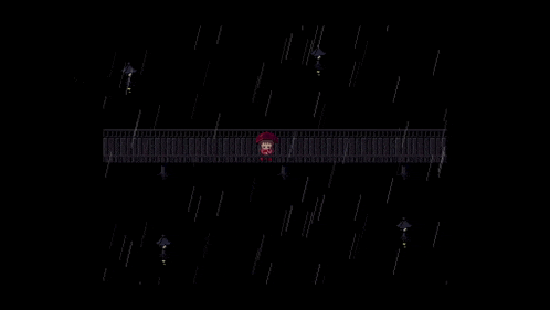 a pixel art of a person standing on a bridge in the rain with umbrellas .