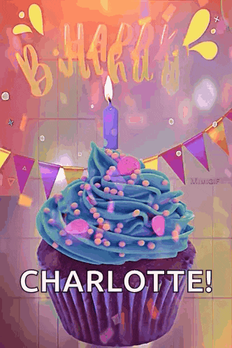 a birthday cupcake with blue frosting and a candle with the name charlotte on it