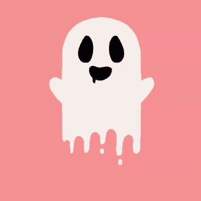 a white ghost with black eyes and a tongue sticking out is on a pink background