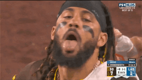 a close up of a man 's face with fs1 nlds on the bottom left