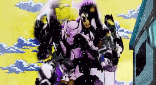 a cartoon drawing of a man in a purple and black costume