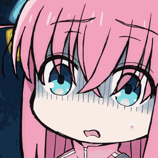 a drawing of a girl with pink hair and blue eyes with a surprised look on her face