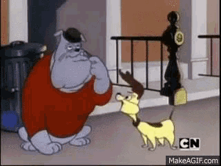 two cartoon characters are standing next to each other on a sidewalk . one is a bulldog and the other is a dog .