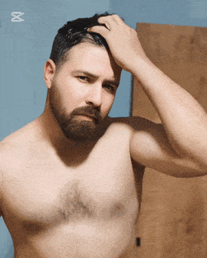 a shirtless man with a beard is looking at himself in a mirror