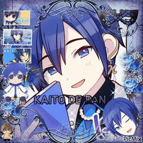 a picture of a blue haired anime character with the name kaito on the bottom