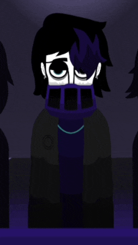a cartoon character with a purple scarf around his neck and a black jacket