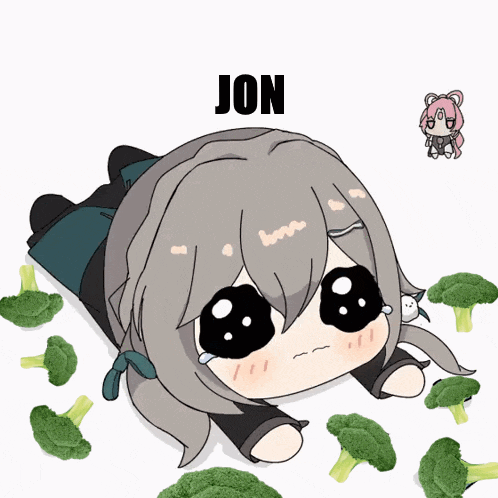a cartoon girl is surrounded by broccoli and the word jon is on the bottom