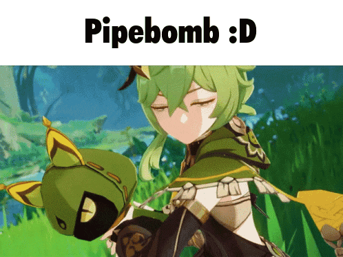 a girl with green hair is holding a green cat and the words pipebomb : d are above her