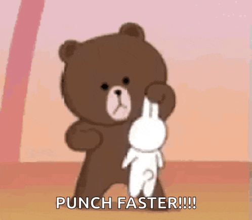 a brown teddy bear is holding a white rabbit and says `` punch faster !!! ''