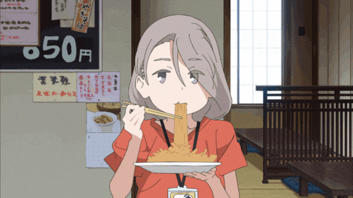 a girl eating noodles with chopsticks in front of a sign that says 50