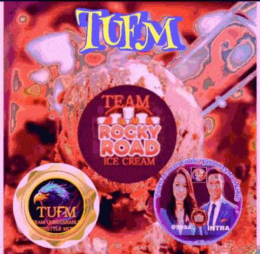 an advertisement for team rocky road ice cream with a purple circle in the middle