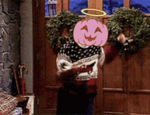 a person with a pumpkin on their head and a halo