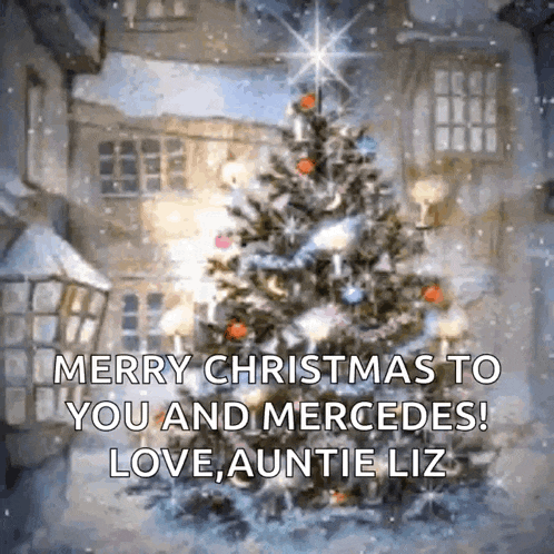 a merry christmas card with a christmas tree and the words merry christmas to you and mercedes love auntie liz