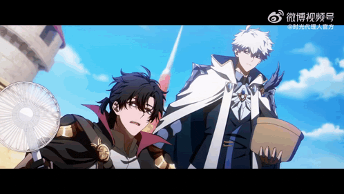 a couple of anime characters standing next to each other with a fan in the foreground
