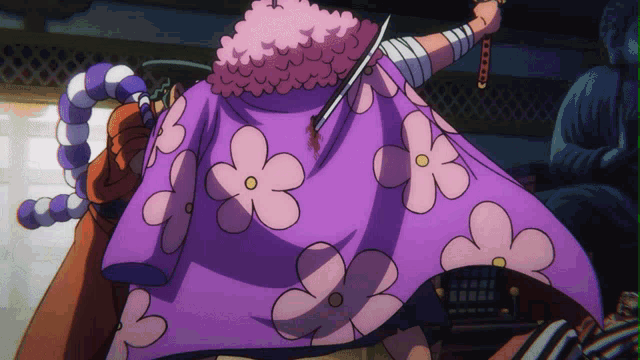 a cartoon character is holding a sword and wearing a purple cape with flowers on it