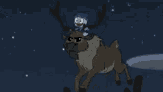 a cartoon character is riding on the back of a reindeer ..
