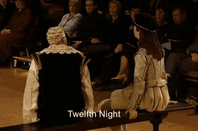 two people sitting on a bench with twelfth night written on the bottom of the image