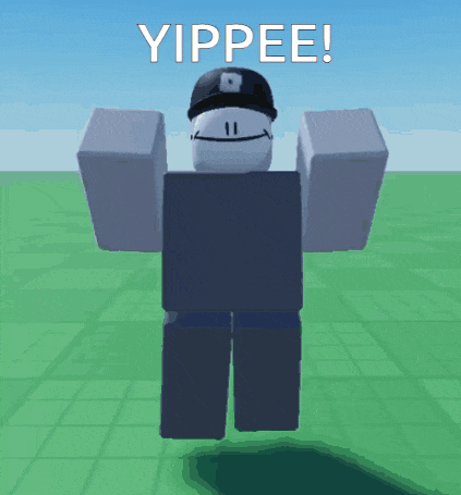 a roblox character is wearing a black hat and smiling with the words yippee above him