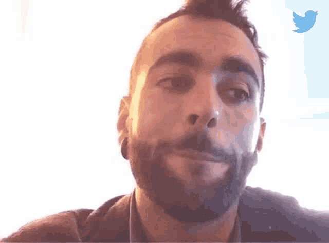 a man with a beard is looking at the camera with a twitter bird behind him .
