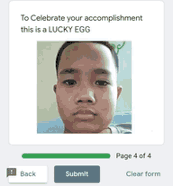 a picture of a young boy with the words to celebrate your accomplishment this is a lucky egg on the bottom