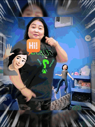 a woman with a speech bubble that says " hi " on it