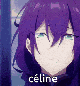 a close up of a girl with purple hair and the name celine on the bottom