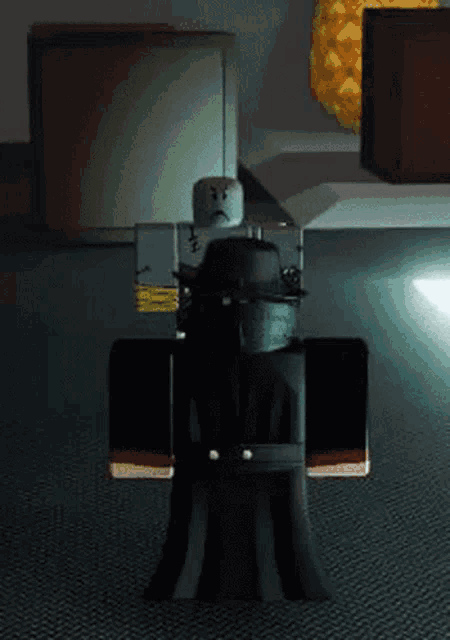 a roblox character with a hat and a triangle on his face