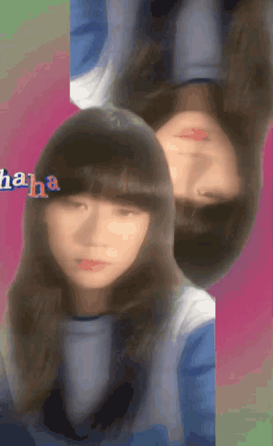 a girl 's head is upside down with the word haha above her