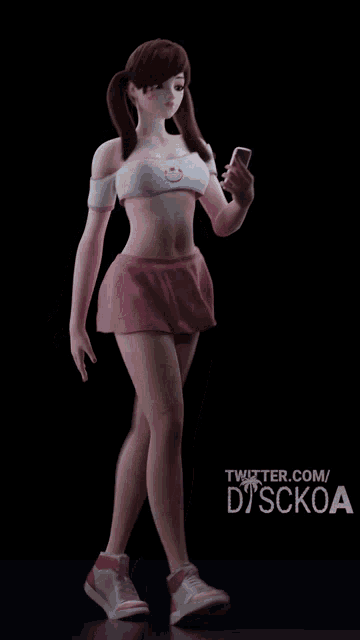 a 3d model of a girl with pigtails holding a phone