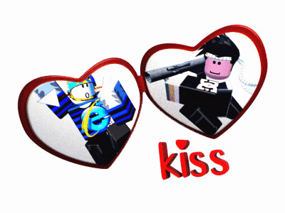 two hearts with the word kiss in red