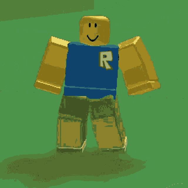 a roblox character with the letter r on his shirt is dancing